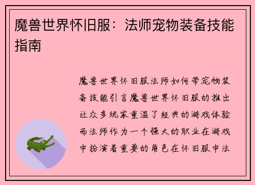 魔兽世界怀旧服：法师宠物装备技能指南